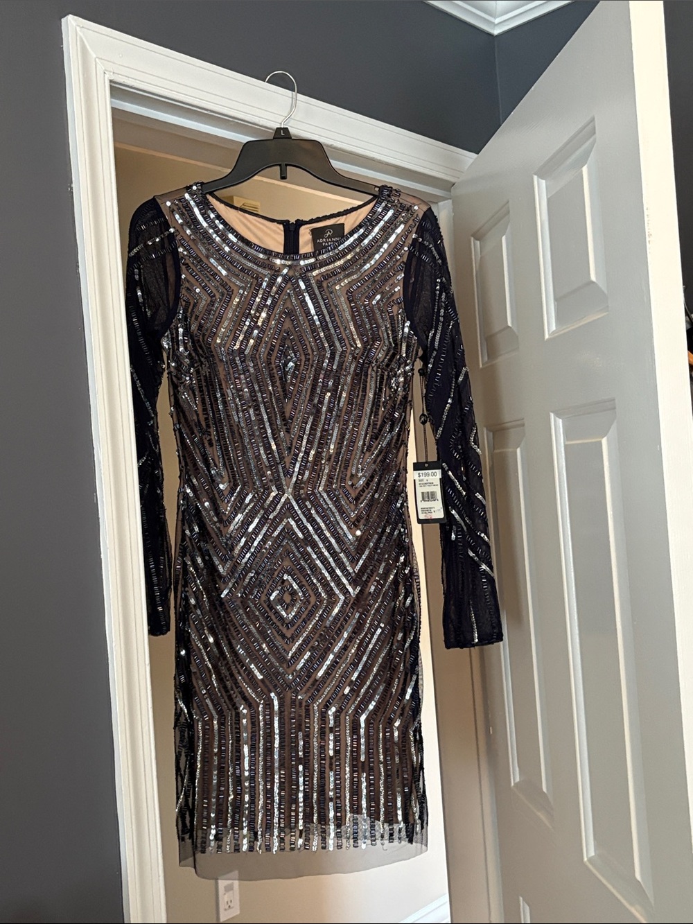 Sequin Geometric Sheath Dress - Navy Blue and Silver
